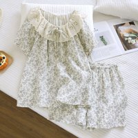2026 New Summer Women's Pajama Set 100% Cotton Crepe Short Sleeve Shorts Thin Sweet Doll Neck Cute Relaxation Home Clothing Set
