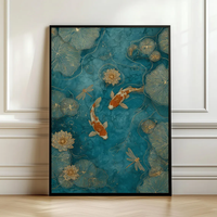 Elegant Koi Fish Wall Art – Emerald Green Pond Decor, Asian Zen Painting, Gold Lotus, Dragonflies, Serene Japanese Print, Digita