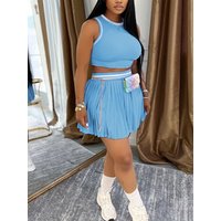 Women's Summer Casual Sports Fashion Sleeveless Short Vest with Pleated Skirt Set