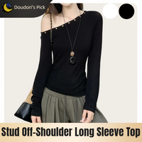 American Retro-Style Women's Top with Rivets on the Neckline, Asymmetrical Double-Sided Pleats, and Off-Shoulder Long Sleeves