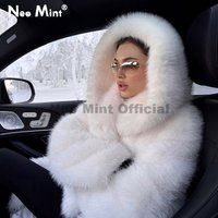 Neo Mint hiver 2025 pur blanc montagne mode à capuche recadrée fausse fourrure manteau femmes moelleux Eco fourrure de renard veste filles chaud pardessus