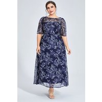 Plus Size Women Navy Blue Floral Print Chiffon Maxi Dress Half Sleeve Round Neck Elegant Casual Wedding Guest Evening Dresses