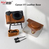 For Canon Powershot V1 Camera Bag Lychee Pattern Retro Leather Base with Shoulder Camera Strap EOS R50V Body Base Protector