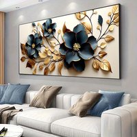 2D Flat Frameless Modern Golden and Blue Flowers Canvas Painting Art Modern Canvas Poster for Bedroom and Living Room Decor