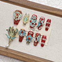 New Chinese Style Phoenix Peony Court Press On Nails Flexible Acrylic 3D Enamel Pearl Tassel Ideal for Hanfu Cheongsam Tradition