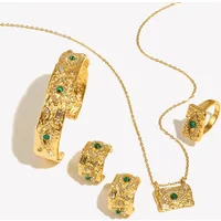 Malachite Eye Beat Pattern Rhinestone Open Bracelet 316L Stainless Steel Jewelry 18K Gold Plated Women's Ring Jewelry Set