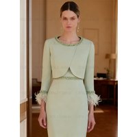 Customized Satin Mother of the Bride Dresses Beads Short Wedding Guest Gowns 3/4 Sleeves Feather Chic Dress Women Wedding Party