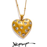 Yhpup Shiny Cubic Zirconia Heart Love Golden Necklace Pendant 316L Stainless Steel Romantic Premium Jewelry Waterproof