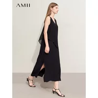 Amii Minimalism 2024 Women Dresses Summer New Vacation Style V-neck Spliced Chiffon Female Sleeveless Loose Dress 12452102