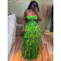 Fashion Floral Printed Ruffle Tierred Dress Summer Clothes Women Strapless Ball Gown Maxi Long Dresses Birthday Party Sexy Dress