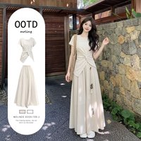 Beautiful Waist-Cut Pants Skirt Set Summer Fashionable Casual Cotton Short Sleeve T-Shirt round Neckline College Style