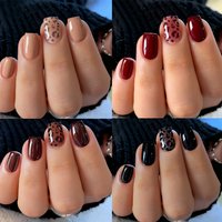 Short Square fake Nail Tips Autumn Winter glitter Leopard Print Glossy Red Brown Black Nude colors Press On false Nails art set