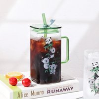 New Square Glass Large Capacity Water Cup with High Beauty and Cute Cartoon Straws in Summer Creative Handle Cup