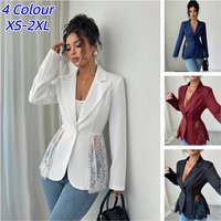 Elegant Lace Patchwork Blazer Women Fashion Notched Collar Long Sleeve One-button Perspective Sexy Versatile Suit Coat