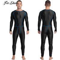 Men Glossy Swimming Jumpsuit Swimwear Rash Guard Wetsuit Diving Suit Long Sleeve Zipper Slim Bodysuit for Yoga Fitness Workout