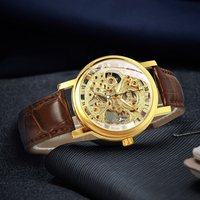 WINNER Gold Skeleton Hand Winding Watches for Men Luminous Hands Leather Strap Classic Retro Mens Watch Top Brand Luxury Clock