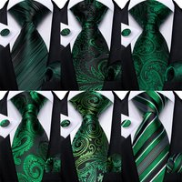 Green Ties for Men 8cm Striped Paisley Floral Wedding Party Formal Silk Polyester Necktie Handkerchief Cufflinks Gift Dropship