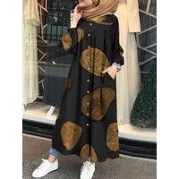 Ramadan Muslim Printed Maxi Dress Women Abaya Islamic Clothing Casual Long Sleeve Shirt Vestidos Female Button Robe Summer 2022