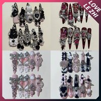 10Pcs Spice Girls Metal Punk Handmade Long Stiletto Press On Nails Butterfly Bowknot Chain Flower Diamond Wings Pearl Fake Nails