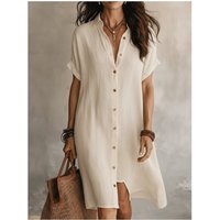 2026 New Short-Sleeved Blouse Dresses Summer Fashion Casual Solid Color Buttoned Mid-Length Women's Loose Blouse Short Dress