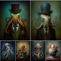 Victorian Octopus In A Top Hat And Kraken Sea Diver Vintage Wall Art Canvas Painting Funny Ocean Animal Art Poster Print Decor