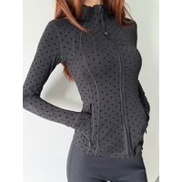 New Sweet Black Polka Dot Stand Collar Jacket Slim Fit Long Sleeve Sports Coat Versatile Fitness Yoga Top