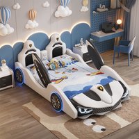 !@Children's Modern 1.5m Double Bed Boy's Cool Sports Car Bed Creative Solid Wood Frame with Leather Upholstery Baby Single Bed