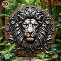 HD Tin Sign, 3D Carved Lion Head Round Metal Wall Art, Vintage Wildlife Home Decor