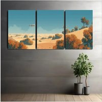 3pcs, A desert landscape with dunes and palm s featuring two drones hovering above the sandRustic Farmhouse Wooden Framed Canvas