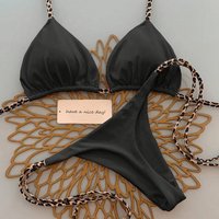 Women's Sexy Solid Halter Bikini Set Lace-Up Low Waist Two-Piece Triangle Thong Swimwear Leopard Tie On Side Brazilian Biquinis