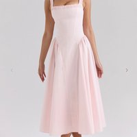 Summer 2025 Women Square Neck Sleeveless A-line Midi Elegant Pink Dress Party Robe