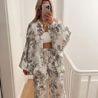 Women's 2-piece summer and autumn new casual printed long sleeved shirt top set, fashionable loose wide leg pants set, home wear