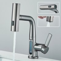 Bateria umywalkowa z cyfrowym wyświetlaczem temperatury, wysuwaną wylewką, regulacją strumienia, do ciepłej i zimnej wody, mieszacz do zlewu, kran do mycia, do łazienki.