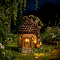 Solar Fairy Garden House with LED Lights Resin Acorn Gnomes Cottage Statue Outdoor Waterproof Lawn Yard Patio Fairy Garden Decor