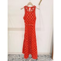 High-End Version Long Knitted Red Floral Hook-Design Sleeveless French Style Women's Dress Casual Wear Daily Fashion Summer