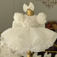 White Tulle Flower Girl Dress Puff Sleeve Beaded Floral Lace Kids Wedding Birthday Party Tutu Gown With Bow