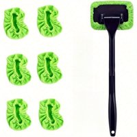 Car Windshield Cleaning Tool, Telescopic Handle Window Cleaner with Washable Microfiber Pads, Green Car Interior Glass Wiper Kit