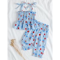 2025 Summer European and American Style Ice Cream Print Girls’ Set: Children’s Bow Strap Tank Top and Pants