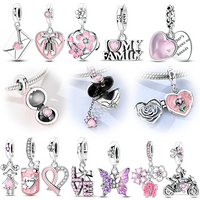 Original 925 Sterling Silver Pink Charms Beads Letter Flowers Cell Phone Girls Motorcycle Dangle Fit Bracelet Women Jewelry Gift