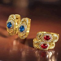 Huitan Gold Color Women Hoop Earrings Inlaid Shiny Red/Blue CZ Luxury Temperament Wedding Engagement Accessories Trendy Jewelry