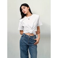 Y2K Knotted Twist Knitted Threaded Round Neck Top Women Fashionable and Versatile Navel Padded Shoulder Short-Sleeved T-Shirt image 4
