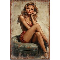 c1, Vintage Retro Girl Theme Tin Signs Wall Art Decoration, The Girl Sitting On the Tire Print Poster, Funny And Unique