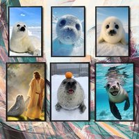 Round and round cute Seal Sea Poster HD Art Sticky Wall Waterproof Home Living Room Bedroom Bar Aesthetic Decoration