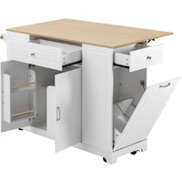 Mobiel keukeneiland met uitschuifbaar werkblad, multifunctionele laden en afvalbakvak, wit, 131,8x40-70x93,3 cm