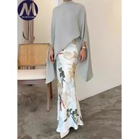2 Pieces Set for Woman Summer Autumn Half High Collar Flare Sleeve Asymmetric Tops Suits Fashionable Slim Fit Print Dress Sets