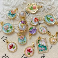 2pcs Oil Painting Style Copper-covered Gold Color Baroque Pearl Flower Pendant Diy Necklace Pendant Drop Glaze Pendant Charms