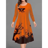 Halloween Party Dresses For Women Funny 3D Pumpkin Print Dress Autumn Winter Fashion Long Sleeve A-Line Dress Plus Size 2025 9XL