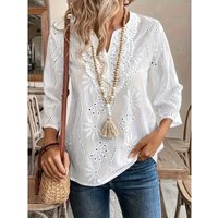 Plus Size Women's Summer New Top Solid Sexy V-Neck Hollow Long Sleeve Shirt Fashion Splice Blouse Loose Apparel
