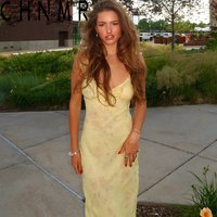 CHNMR Elegant Yellow Floral Print Long Dress Women V-neck Sleeveless Bodycon Maxi Dresses Summer New Holiday Party Evening Robes
