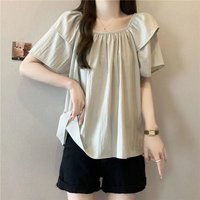 Plus-size women's summer new pure color loose slimming belly-covering versatile simple style retro square neck short-sleeve top